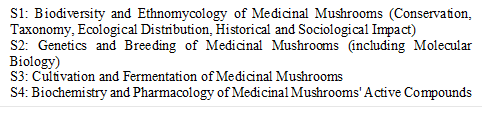 S1: Biodiversity and Ethnomycology of Medicinal Mushrooms (Conservation, Taxonomy, Ecological Distribution, Historical and Sociological Impact)
S2: Genetics and Breeding of Medicinal Mushrooms (including Molecular Biology)
S3: Cultivation and Fermentation of Medicinal Mushrooms
S4: Biochemistry and Pharmacology of Medicinal Mushrooms' Active Compounds
